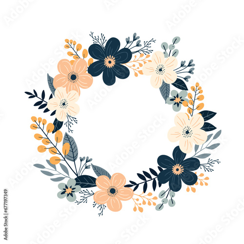 Round frame with gentle vector flowers in flat style for wedding invitations and design.