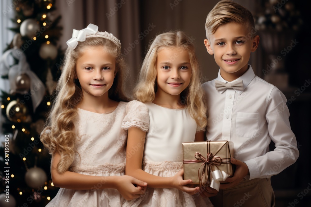 Joyful Christmas Moments. Family Children Surrounded by Gifts, Spreading Holiday Cheer Joyful Christmas Moments. Family Children Surrounded by Gifts, Spreading Holiday Cheer