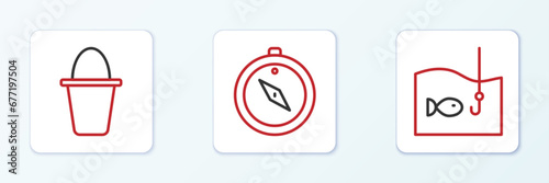 Set line Fishing hook with fish, bucket and Compass icon. Vector