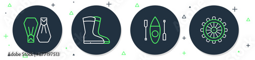 Set line Fishing boots, Kayak or canoe, Rubber flippers for swimming and Ship steering wheel icon. Vector photo