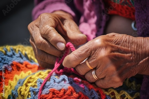 Hands of old woman in wrinkles with ring on finger crocheting ornament calming nerves and relieving stress with help of favorite hobby. Hands close-up.