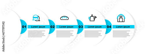 Set line Farm house, Watering can, Bread loaf and Speech bubble with icon. Vector