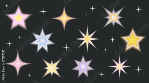 Blurred gradient stars in Y2k style.
Set of mesh blurry unfocused gradient stickers. Abstract geometric shapes in a trendy retro style from 2000.