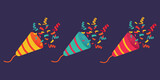 Party Popper colored holiday crackers and confetti. Celebration of fun parties. Vector illustration in flat cartoon style.
