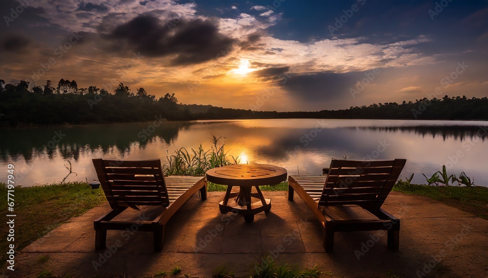 A pair of chairs with wooden table facing a beautiful lake, the concepts displayed are love, beauty, nature and life