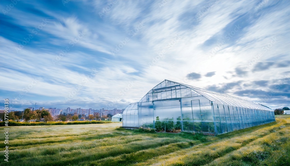 Greenhouse near a large urban area. The morning atmosphere is sunny and cloudy. Suitable for various needs according to the greenhouse theme