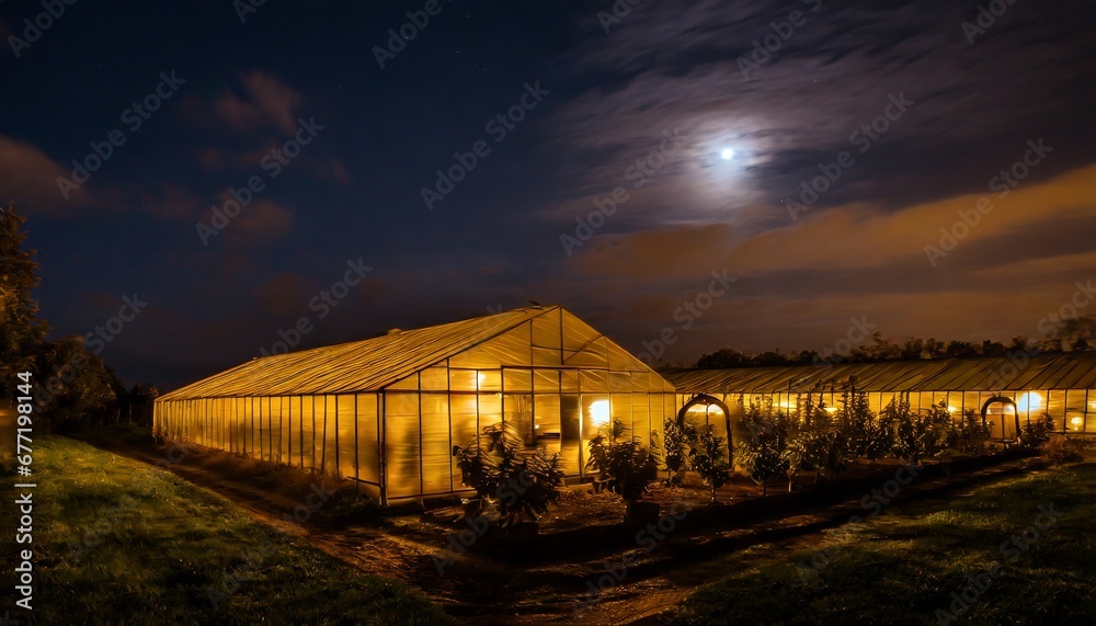 The greenhouse is transparent at night, you can see the inside of various vegetables and fruit in the greenhouse.