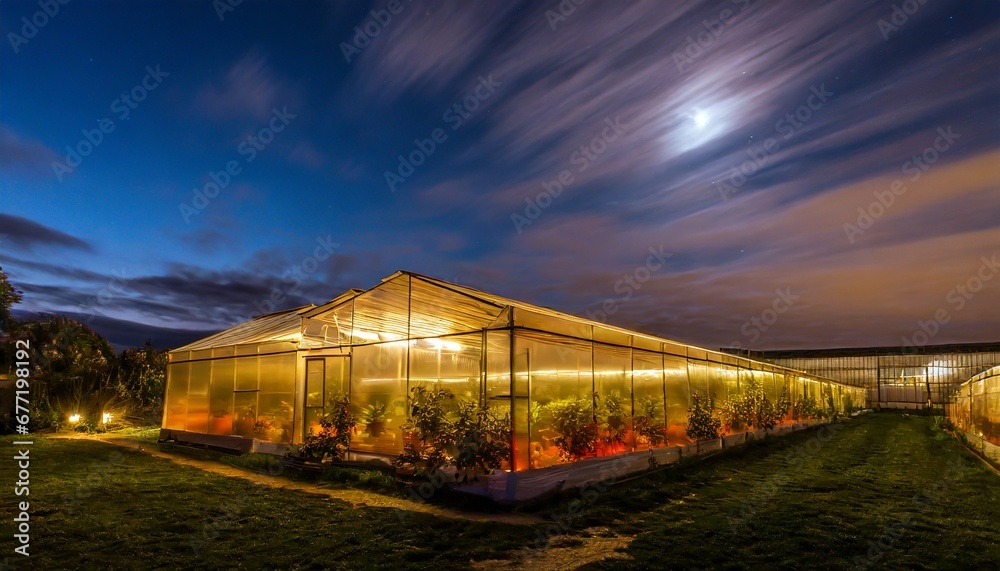 Obraz premium The greenhouse is transparent at night, you can see the inside of various vegetables and fruit in the greenhouse.
