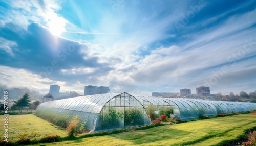 Greenhouse near a large urban area. The morning atmosphere is sunny and cloudy. Suitable for various needs according to the greenhouse theme