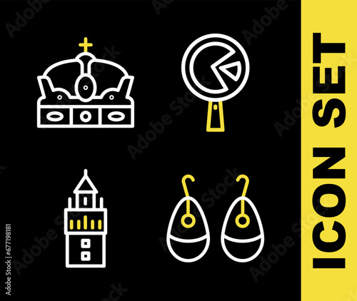 Set line Omelette in frying pan, Earrings, Giralda and Crown of spain icon. Vector