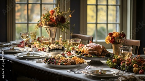 a thanksgiving dinner table with a turkey on it