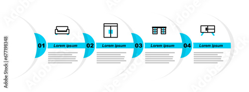 Set line Chest of drawers, Office desk, Wardrobe and Sofa icon. Vector