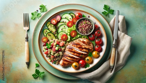 Healthy Grilled Chicken Salad with Fresh Vegetables photo
