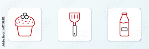 Set line Bottle with milk  Cake and Spatula icon. Vector