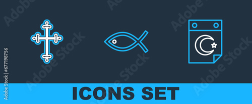 Set line Star and crescent, Christian cross and fish icon. Vector