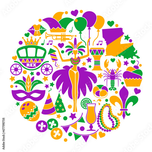 Mardi Gras carnival round composition  flat style with feathers  beads  jester hat  mask  fleur de lis