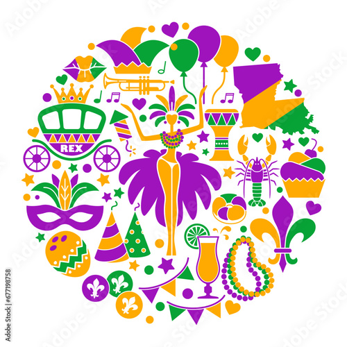 Mardi Gras carnival round composition, flat style with feathers, beads, jester hat, mask, fleur de lis