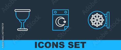 Set line Dharma wheel, Holy grail or chalice and Star and crescent icon. Vector