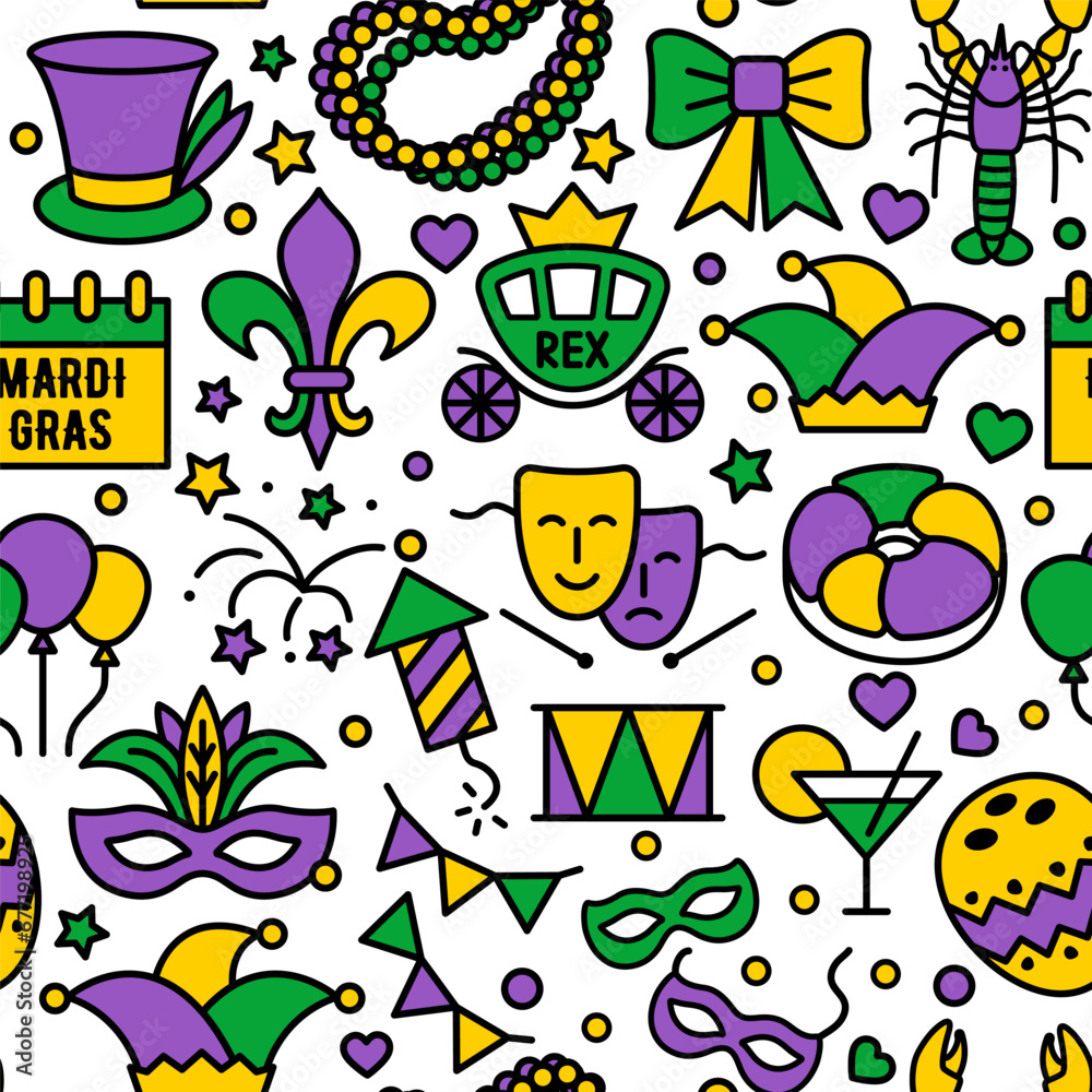 Mardi Gras carnival seamless background, flat style. Pattern with feathers, beads, jester hat, mask, fleur de lis Mardi Gras carnival seamless background, flat style. Pattern with feathers, beads, jester hat, mask, fleur de lis