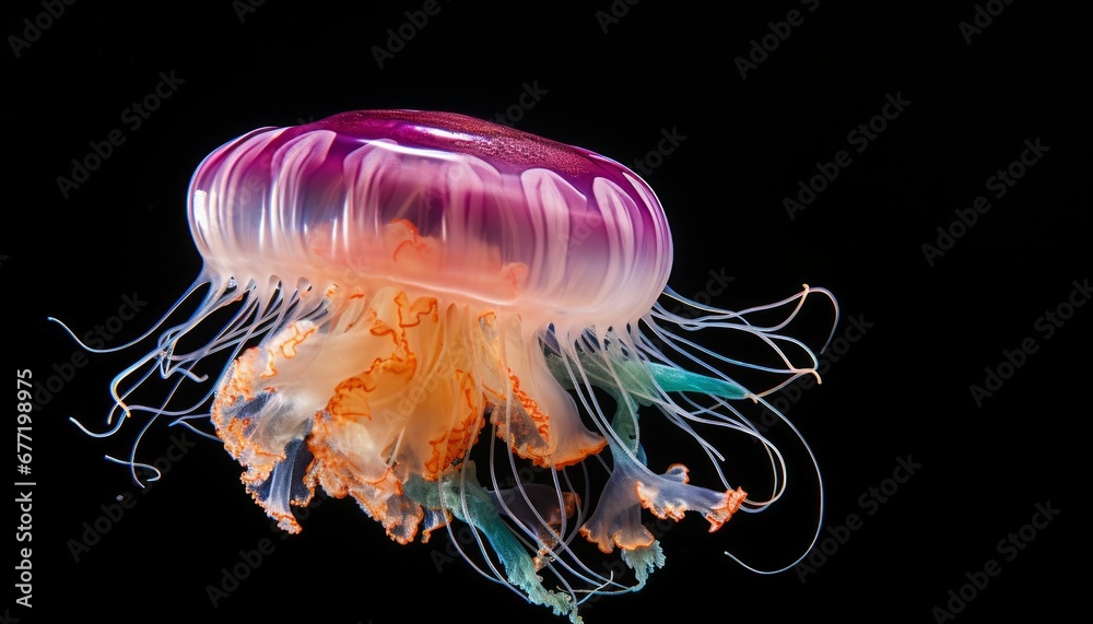 Spectacular shot of a magnificent big bell jellyfish floating gracefully in the crystal clear water Spectacular shot of a magnificent big bell jellyfish floating gracefully in the crystal clear water