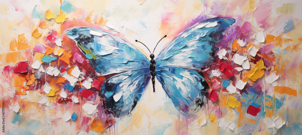 Fototapeta premium Animal portrait art - Colorful abstract oil/acrylic painting of a butterfly, palette knife on canvas.