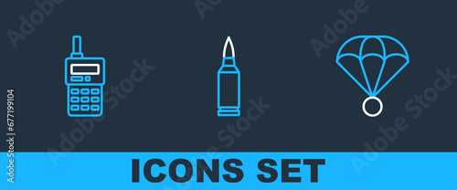 Set line Parachute, Walkie talkie and Bullet icon. Vector