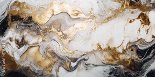 Pattern of white with black and golden powdered splashes with waves, lines,spots and splashes.