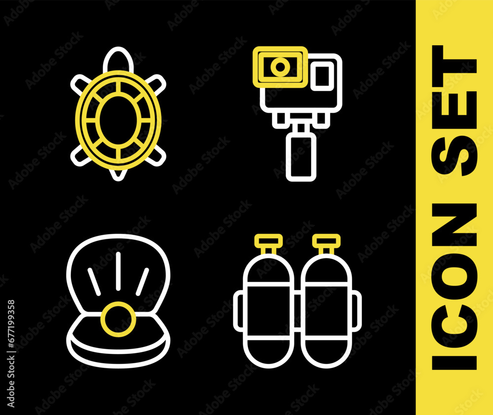 Set line Action extreme camera, Aqualung, Pearl and Turtle icon. Vector Set line Action extreme camera, Aqualung, Pearl and Turtle icon. Vector
