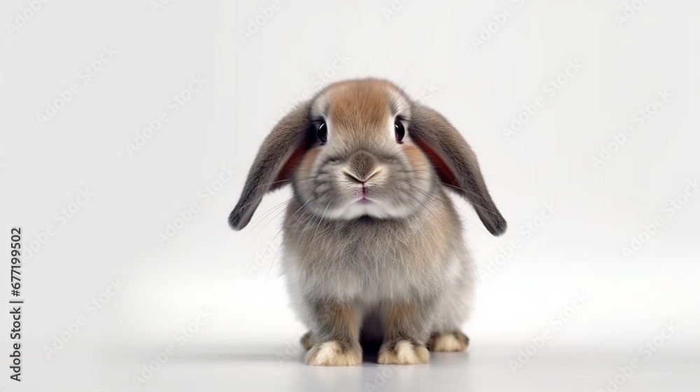 Close-up view of a cute brown Holland Lop rabbit on a white background