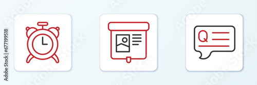 Set line Speech bubbles with Question, Alarm clock and Projection screen icon. Vector