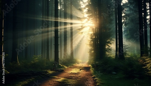 Glorious sunbeams casting an ethereal glow in a tranquil misty forest with radiant sunlight rays