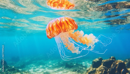 Mesmerizing sight enormous bell shaped jellyfish gracefully floating in the crystal clear water photo