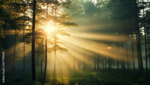 Enchanting sunbeams casting radiant light rays through a serene and mist filled forest