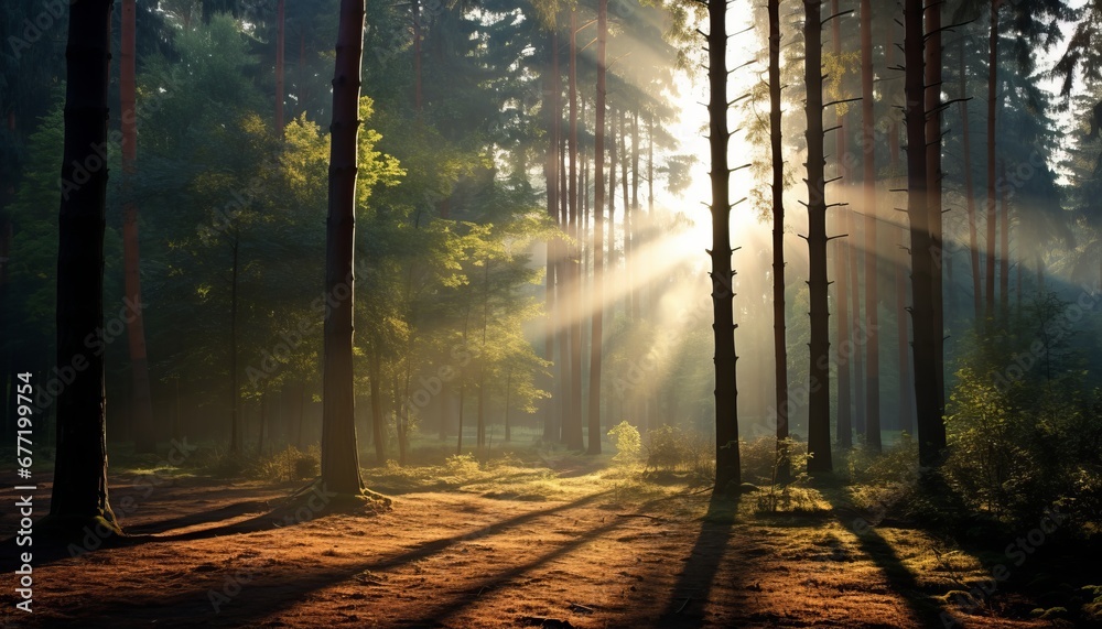 Obraz premium Enchanting misty forest with sunbeams and golden sunlight rays peeking through the trees