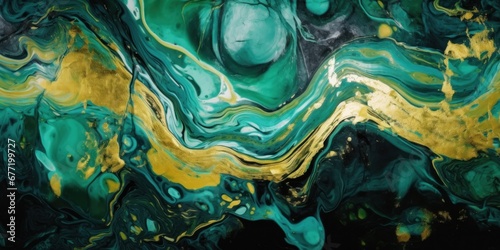 Pattern of golden powdered splashes, waves and lines on emerald green. Abstract acrylic background.