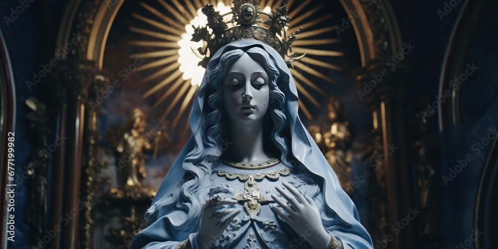 Statue of the Virgin Mary carved out of blue and white marble with gold accents, set in a baroque church