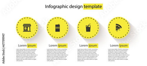 Set Pizzeria building facade, Beer can, Glass with water and Slice of pizza. Business infographic template. Vector