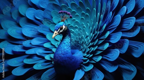 A blue peacock with its feathers spread out, AI. Paper crafted origami