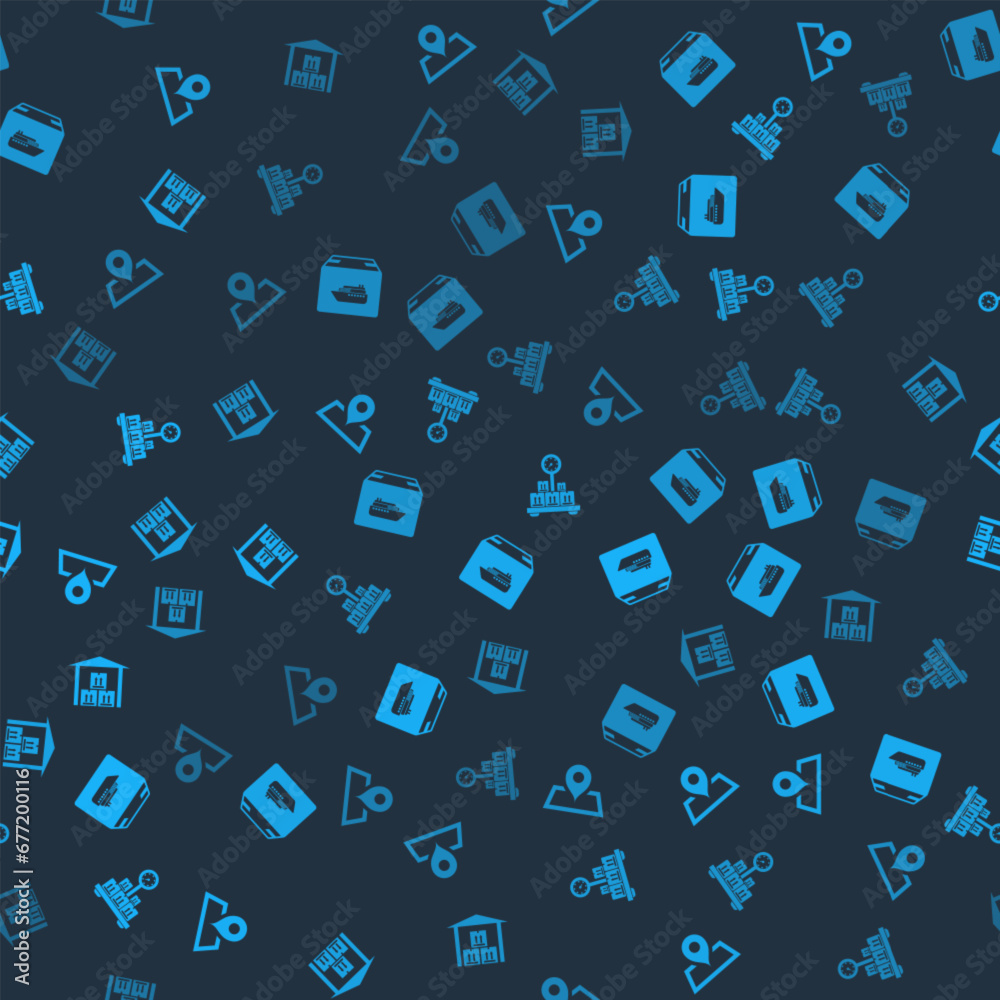 Set Placeholder on map, Cargo ship with boxes, Scale cardboard and Warehouse on seamless pattern. Vector Set Placeholder on map, Cargo ship with boxes, Scale cardboard and Warehouse on seamless pattern. Vector