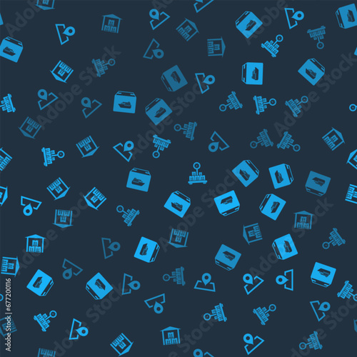 Set Placeholder on map, Cargo ship with boxes, Scale cardboard and Warehouse on seamless pattern. Vector