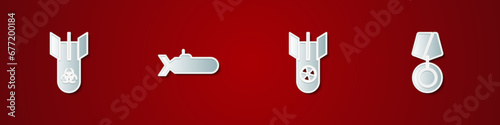 Set Biohazard bomb, Submarine, Nuclear and Military reward medal icon. Vector