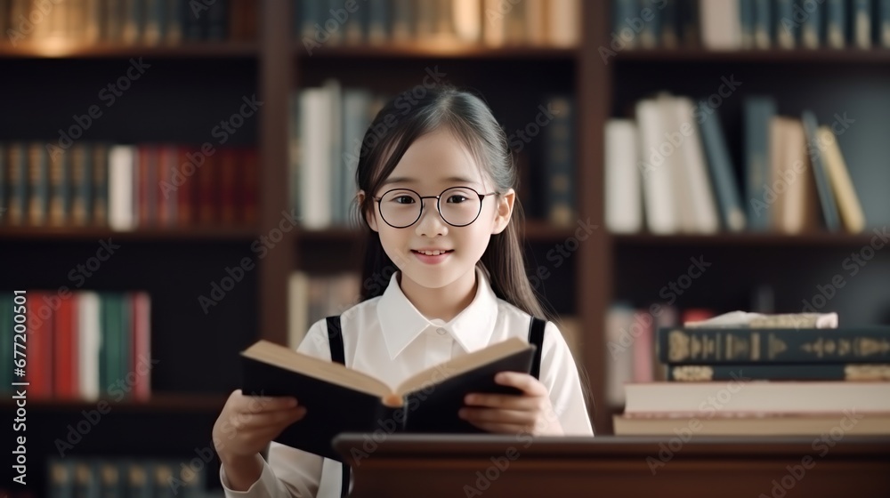 Smiling Asian schoolgirl holds book standing in blurred library at school. Positive girl studies school material before lesson at educational institution. Selfrealization and development Smiling Asian schoolgirl holds book standing in blurred library at school. Positive girl studies school material before lesson at educational institution. Selfrealization and development