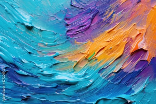 Wave of strokes of pastel yellow, purple, turquoise and blue oil paints or gouache smeared on canvas