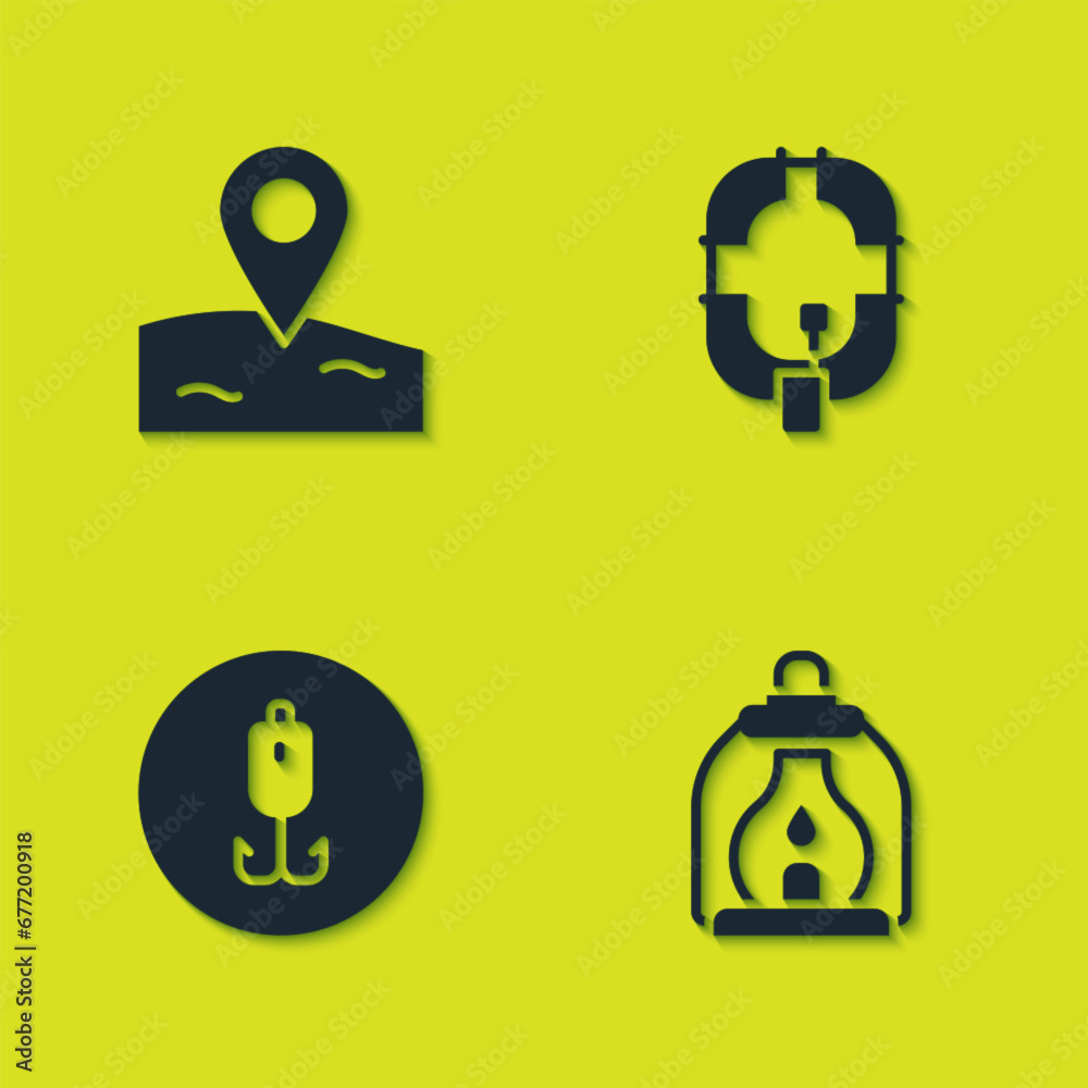 Set Location fishing, Camping lantern, Fishing hook and Inflatable boat icon. Vector Set Location fishing, Camping lantern, Fishing hook and Inflatable boat icon. Vector