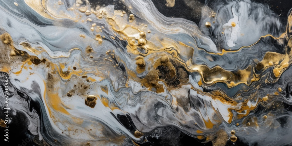 Beautiful luxury marble texture. White, black and golden colors. Waves and lines. Acryl background.