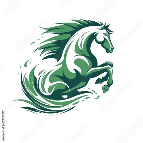 Stylized Logo of a jumping green horse with white background and lettering