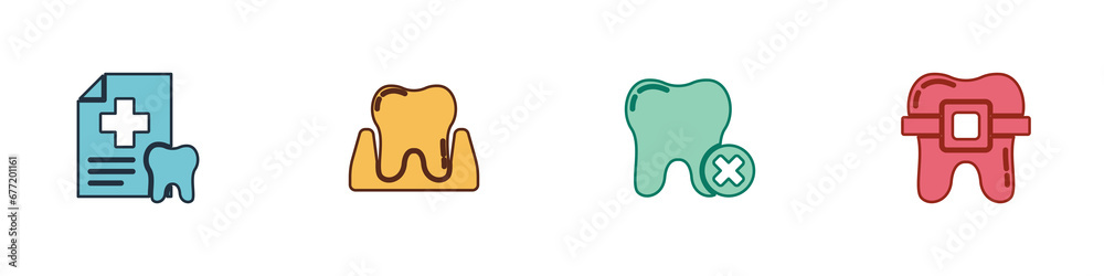 Set Dental card, Tooth, with caries and Teeth braces icon. Vector