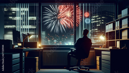Serene Office Moment Watching New Year's Fireworks photo