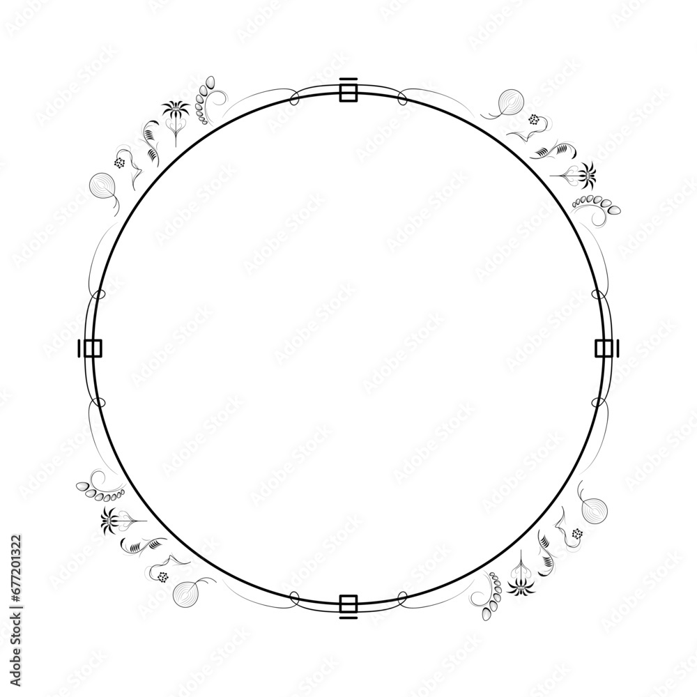 Abstract Black Simple Line Round Circle With Leaf Leaves Frame Flowers Doodle Outline Element Vector Design Style Sketch Isolated Illustration For Wedding And Banner