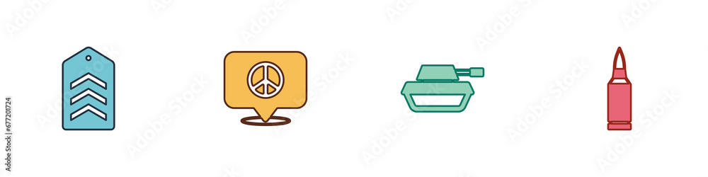 Set Chevron, Location peace, Military tank and Bullet icon. Vector Set Chevron, Location peace, Military tank and Bullet icon. Vector